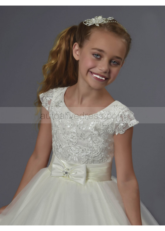 Cap Sleeves Lace Organza Floor Length Wedding Flower Girl Dress 